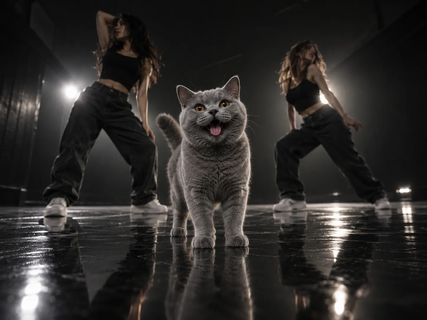 A grey British Shorthair cat standing in the centre of a dark dance studio with two dancers behind it