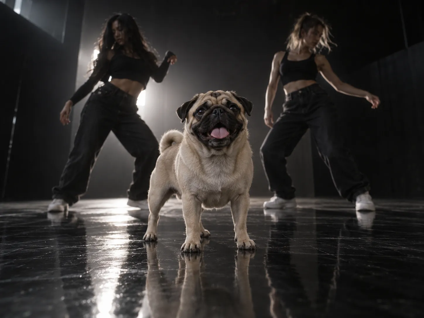 A grinning fawn pug in the spotlight of a dark dance studio, backup dancers moving behind it