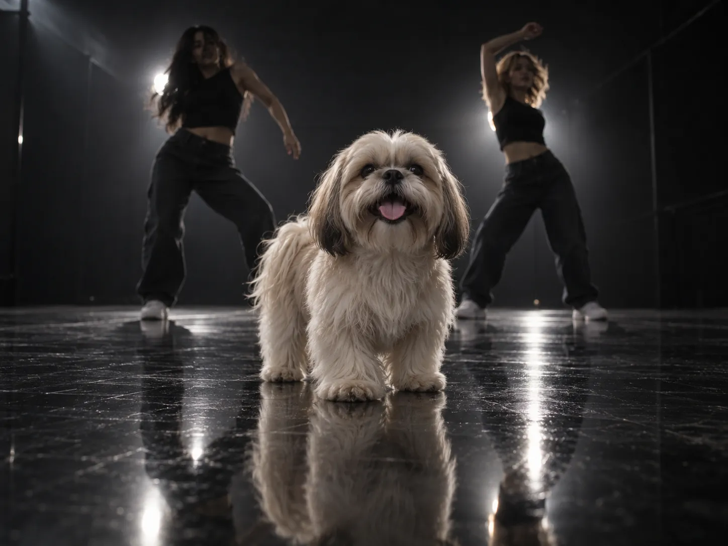 A fluffy cream Shih Tzu standing centre stage in a dark dance studio with two backup dancers behind it